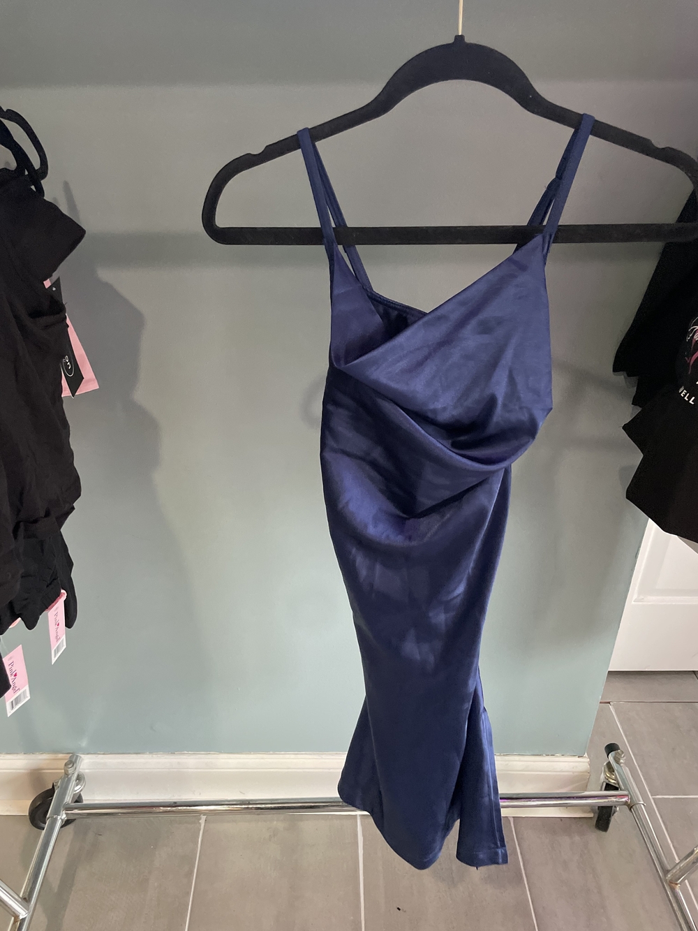 Weissman Navy Satin Draped Slip Dress